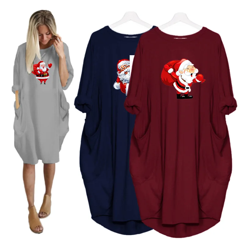 

Christmas Dress Women Pocket Casual Loose Vintage Party Fall Clothes Santa Claus Kawaii Dresses Roupa Feminina