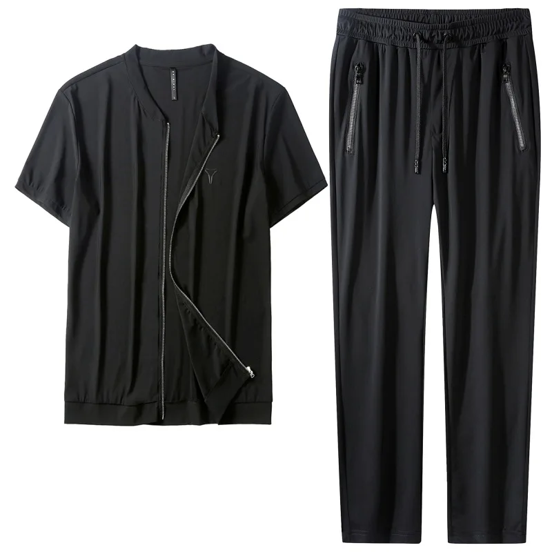 

Fashion light cardigan t-shirt men's suit summer new youth ice silk short sleeve top two piece set 9111