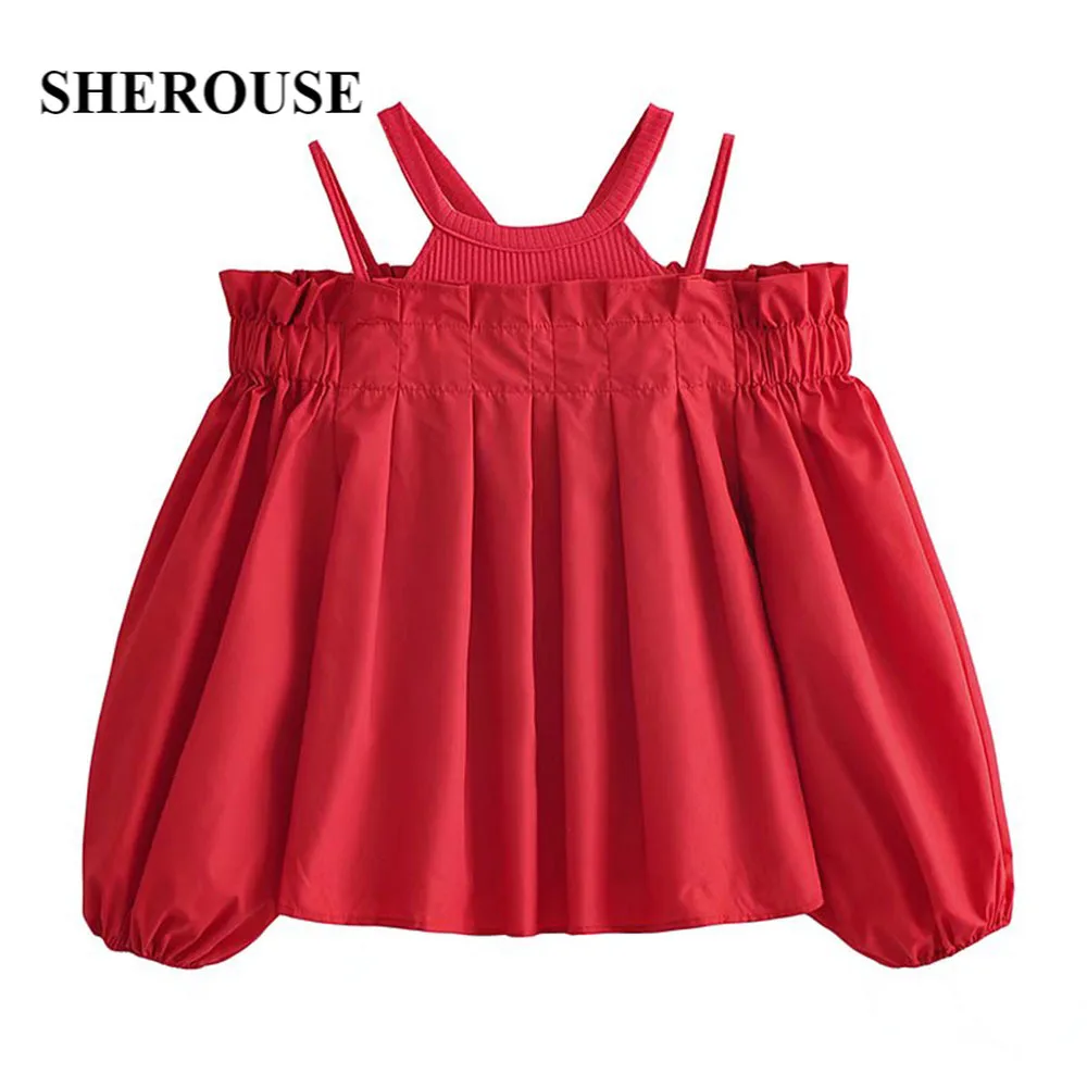 

Sherouse Women Fashion Contrast Pleated Blouse Vest Detail Long Lantern Sleeves Exposed Shoulder Casual Chic Lady Woman Top
