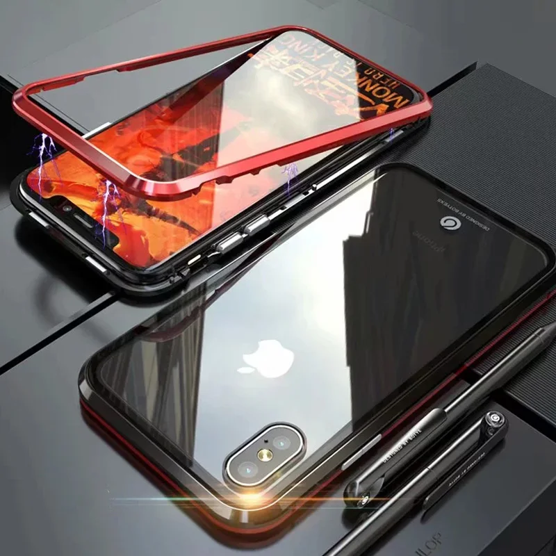 Металлический Чехол-бампер для iPhone X, чехол из прозрачного закаленного стекла, магнитная откидная крышка для iPhone XR 7 8, металлический чехол, роскошный противоударный - Цвет: black red