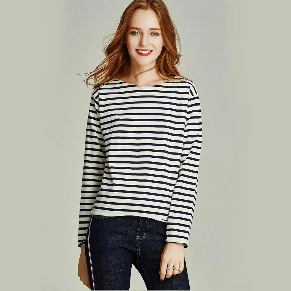 

HAVVA Spring Autumn Long Sleeve Black White Striped T-shirt Women 100% Cotton Round Collar Bottoming Top T3202