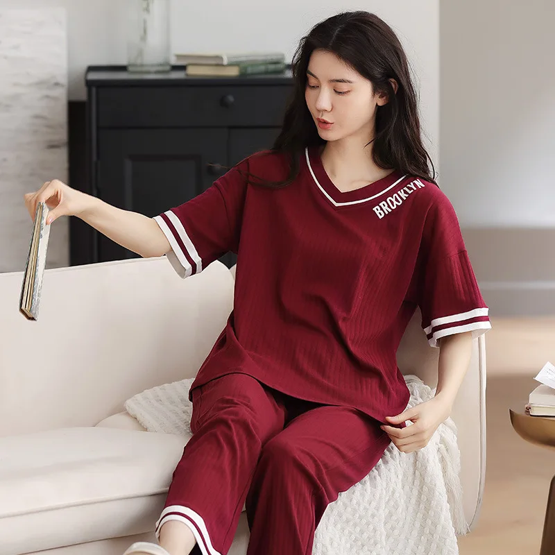 

Summer Women Bride Pajamas Sets 2PCS Print Cotton Pyjamas Loose Sexy V-Neck Sleep Suit Sleepwear Nightwear Lingerie Home Wear