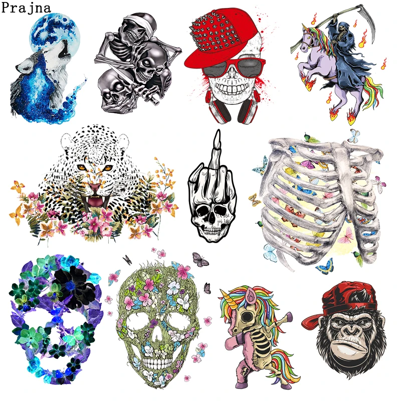 

Prajna Punk Leopard Flower Iron On Transfers Vynil Heat Transfer Skull Flower Butterfly Ironing Stickers Thermal Patches Jacket
