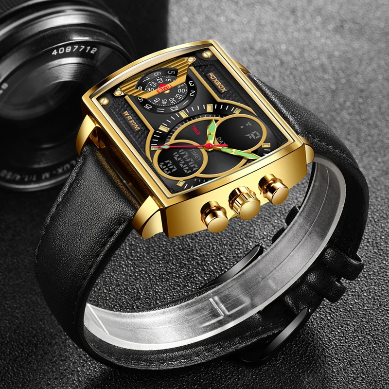 FOXBOX 2021 Luxury Mens Watches Square Digital Sports Quartz Wrist Watch for Men Waterproof Dual Display Clock Relogio Masculino men square dial dual time day display alarm colorful led sports clock electronic wrist watch new