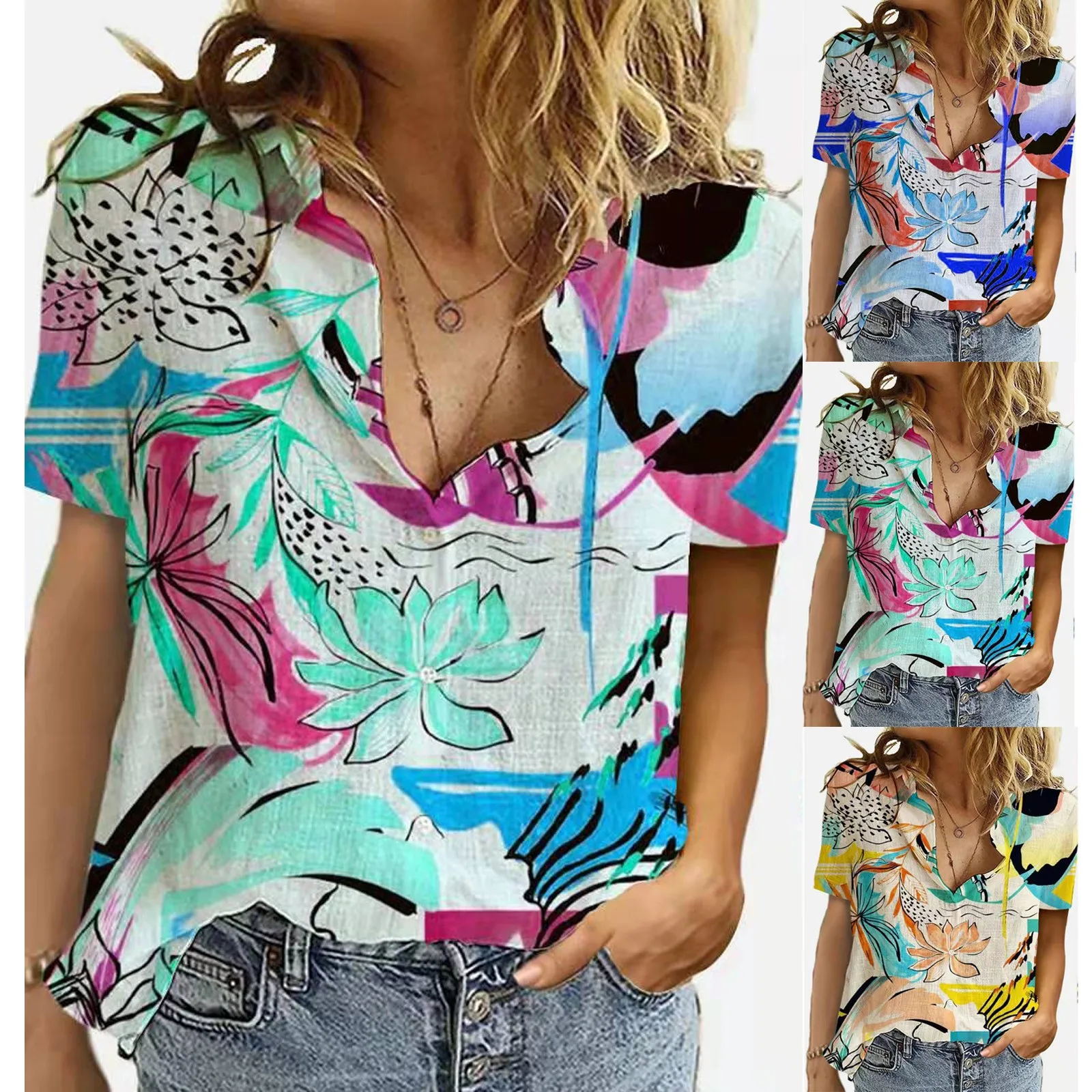 

Блузка женская с круглым вырезом, винтажная туника с мультяшным принтом пруда, Повседневная Свободная рубашка-блузка на пуговицах