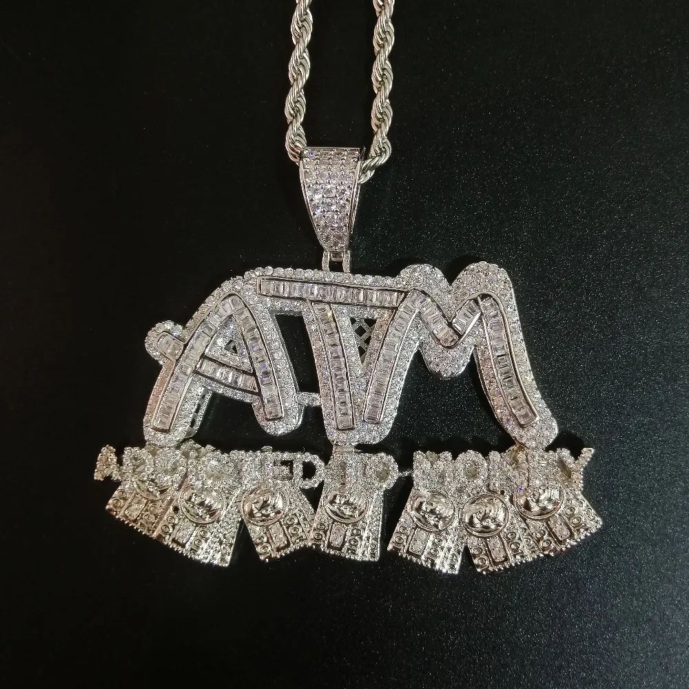 Iced Out буквы ATM увлекается денежный кулон ожерелья 2 цвета AAA Циркон мужские хип хоп Ювелирные изделия Подарки