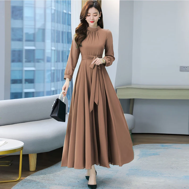 

Elegant Belted Maxi Party Dress Women Vintage Long Sleeve High Waist Long Dress Plus Size Korean Big Hem Thin Chiffon Dresses