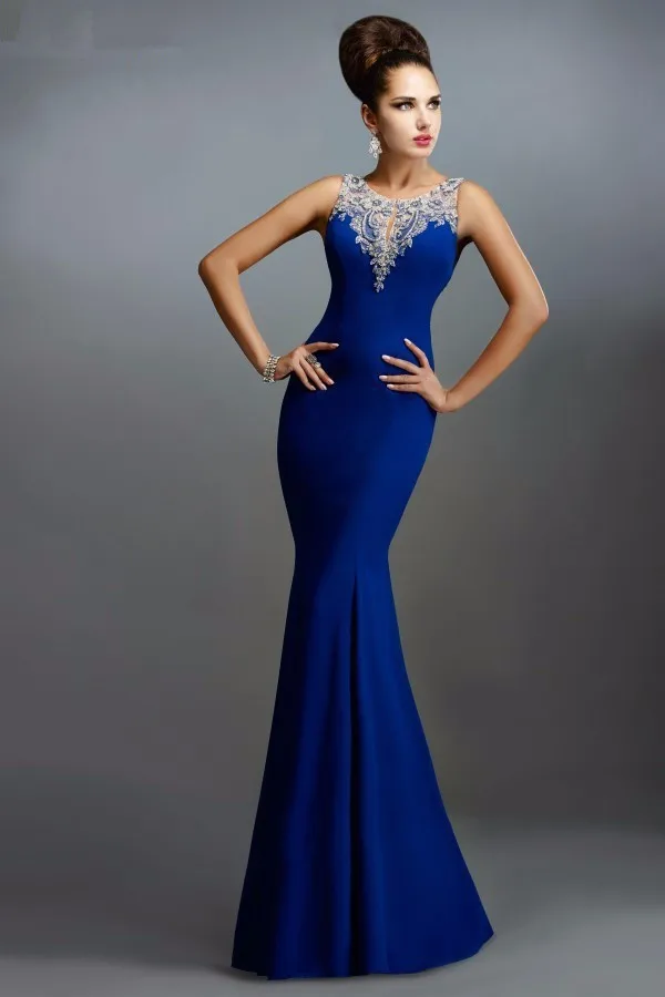 

free shipping sexy backless vestido de festa 2015 New Fashion Beaded Sleeveless Long Royal Blue Mermaid evening dress Prom gown