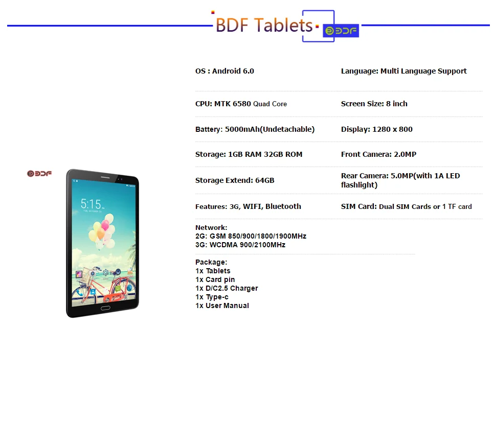 BDF 8 дюймовый планшетный ПК с системой андроида и 6 0 4 ядра 3G Телефонный звонок 1