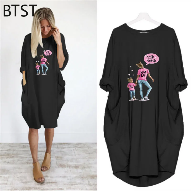 

super mom and daughter print dresses for women 2021 Loose Summer Clothes Female Fashion Plus Size 3XL long sleeve Dresses