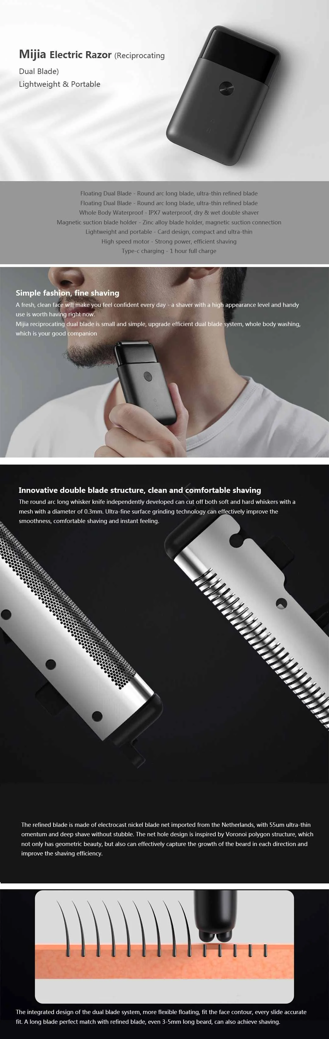 Xiaomi Mijia Водонепроницаемая бритва Mijia Мини Портативная электробритва с возвратно-поступательным двойным лезвием электробритвы лента-C USB перезаряжаемая