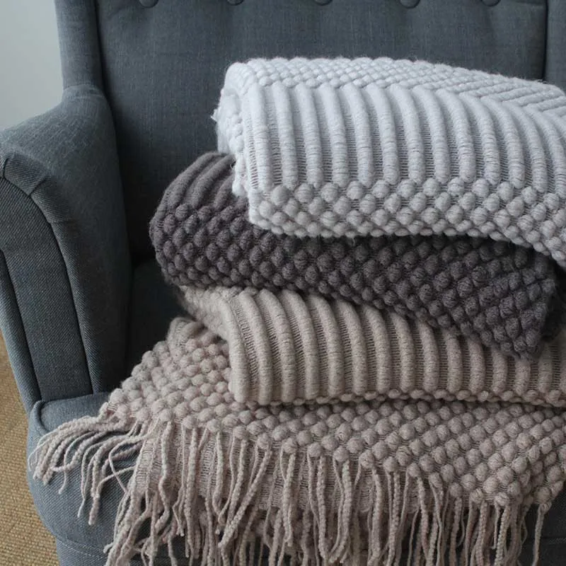

Nordic Knitted Blanket Travel Blanket Grey Khaki Sofa Throw Blanket with Tassels Air Condition Blankets 110x160cm/110x200cm