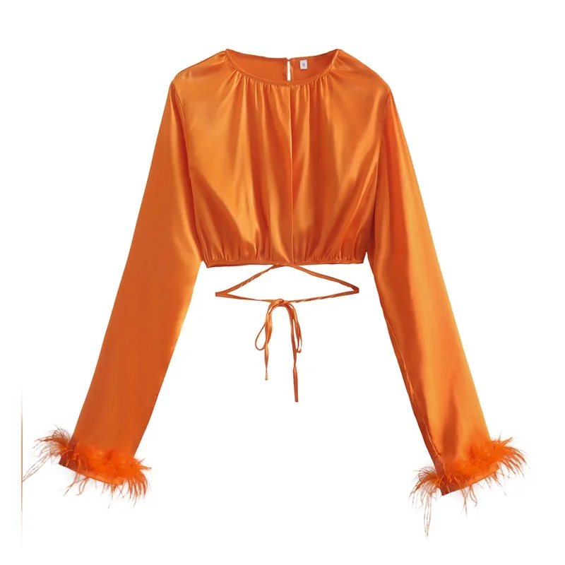 

MESTTRAF Sexy 2022 Women Soft Touch Bow Tied Cropped Blouses Vintage Long Sleeve With Feathers Female Shirts Blusas Chic Tops