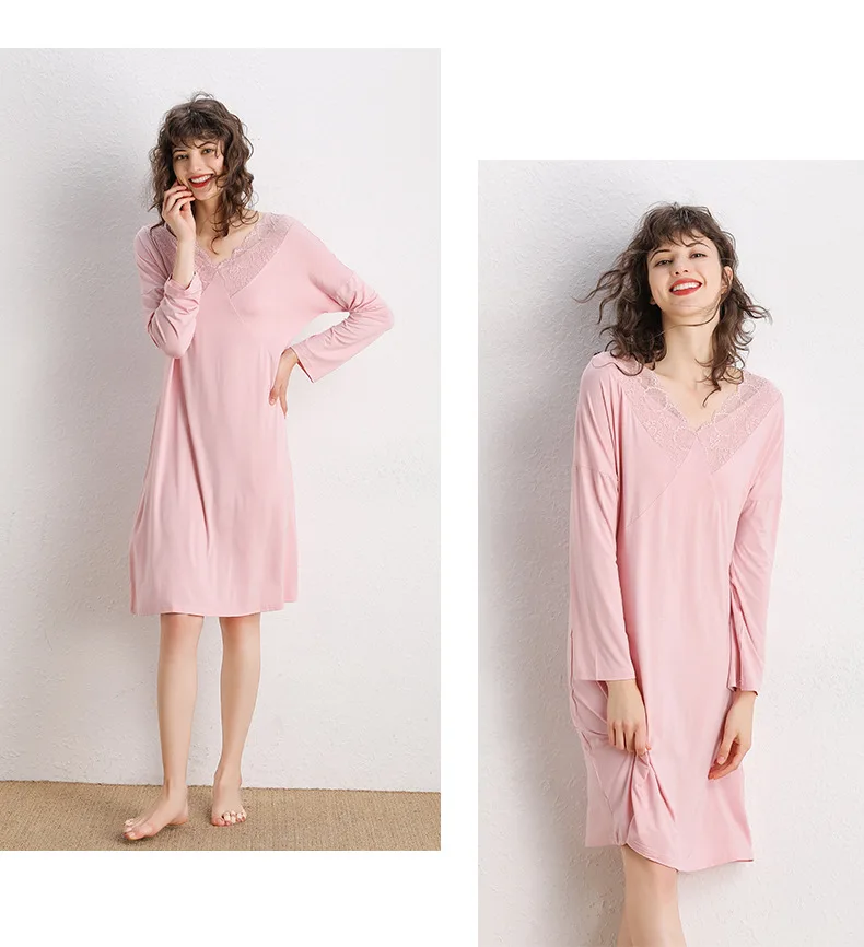 

Spring and Autumn Women's Nightdress Modal Long Sleeve Nightdress Sexy V-neck Lace Solid Color Nightdress Large Loose Homewear