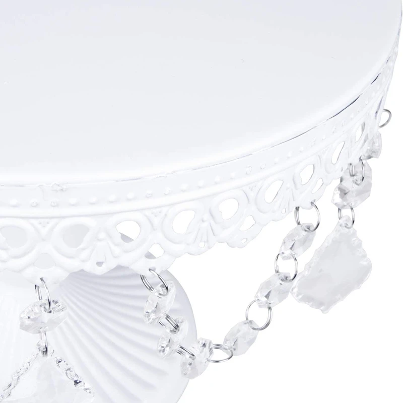 

2-Set Round Cake Stand,White Metal Cake Stands with Pendants and Beads, Dessert Cupcake Pastry Candy Display