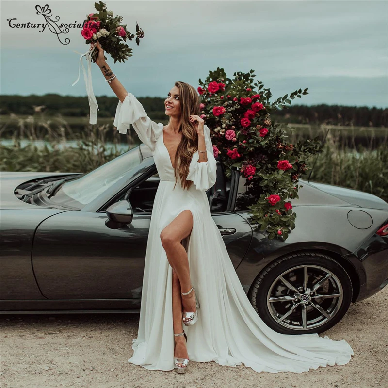 

Beach Wedding Dresses for Women Bride 2021 Side Slit Deep V-Neck Backless Bohemian Bridal Gowns Marriage Dress Vestidos De Novia