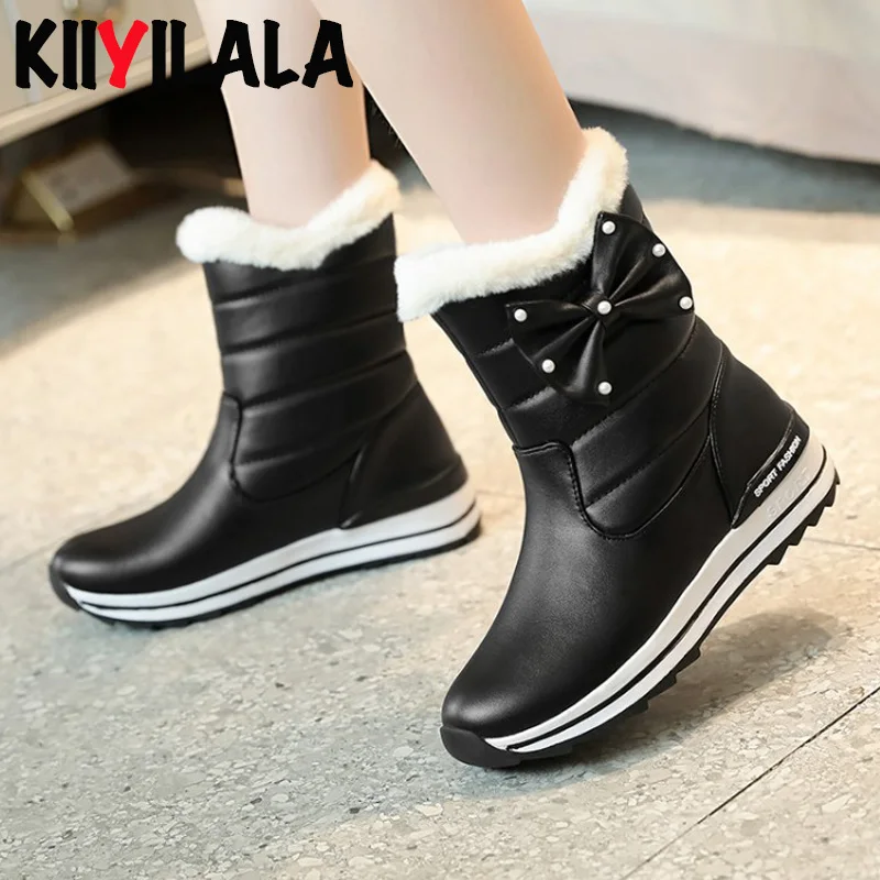 

Kiiyilal Waterproof Leather Snow Boots Women Shoes Woman Slip-on Round Toe Butterfly-knot Non-slip Plush Shoes Woman Size 33-43