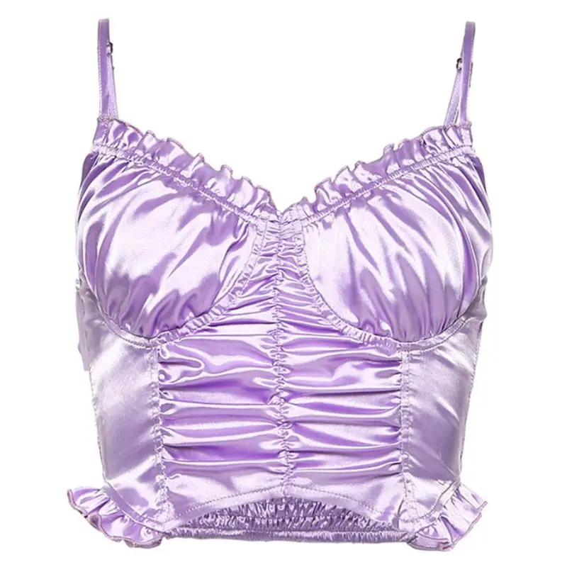 

Женский Блестящий укороченный топ на бретелях-спагетти, фиолетовая плиссированная пикантная кофта с оборками и открытыми плечами, облегаю...