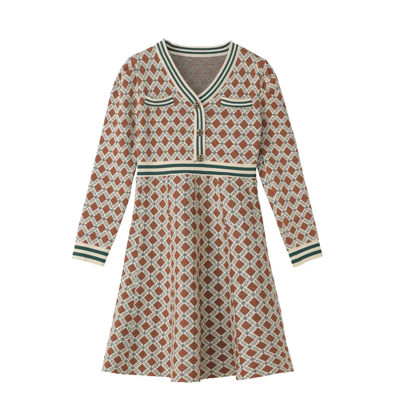 

Fall Runway Sweater Dress Women Luxury Female Vintage Plaid Elegant Office Lady Vestido Elegant Long Sleeve Warm Knitted Jumpers