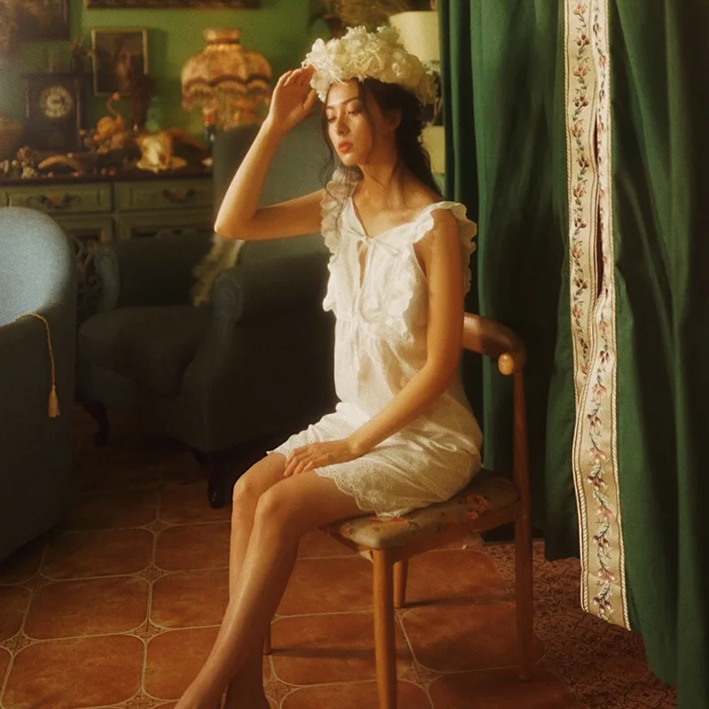 Чистый хлопок белый для женщин Лето Свежий принцесса ретро дворец полый ремень