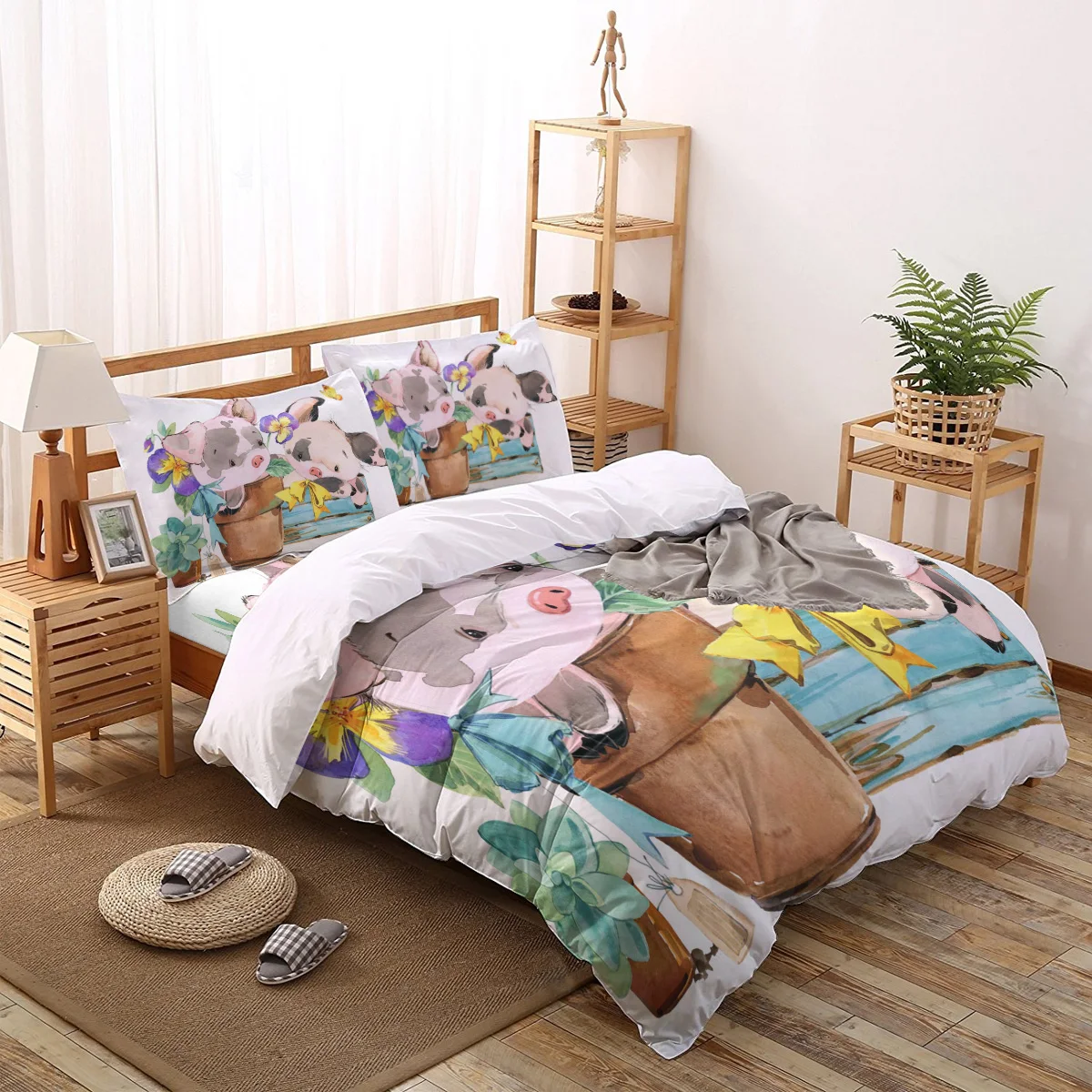 

Piglet Watercolor Painting Flower Cartoon Butterfly Duvet Cover Set Full Size Bed Linen Bedroom Decor Winter Bedding Set