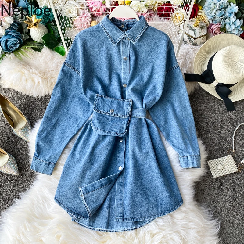 Neploe модное женское джинсовое платье с длинным рукавом однобортное весеннее