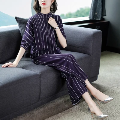 

Striped Women 2 Piece Set Top And Pants Turtleneck Top+pants Set Casual Pantalones De Fiesta Mujer Elegante Knitted Suit