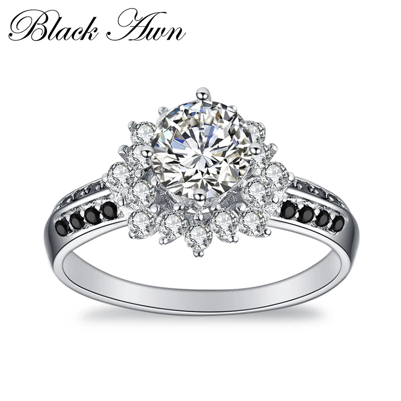 

[BLACK AWN] 925 Sterling Silver Party Flower Wedding Rings for Women Silver 925 Jewelry C389