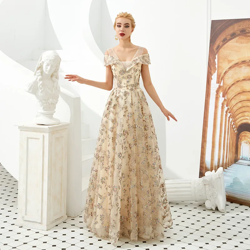 

Elegant Short Sleeve Chiffon Evening Dress with Sequins Vestido De Festa Sexy Lace Up Back Evening Gowns Robe de Soiree Longue