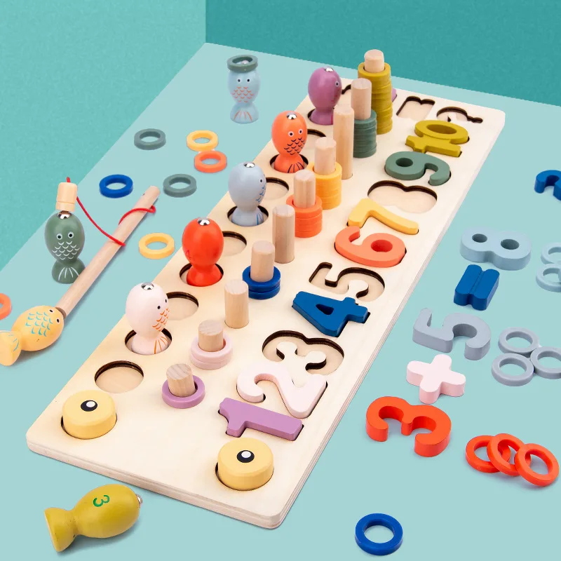 

Multi-function Puzzle Logarithmic Wood Three-dimensional Puzzle Early Education Toys Digital Fishing Shape Puzzle