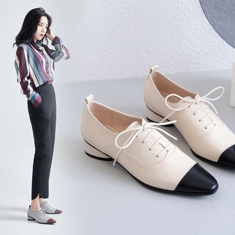 women pumps Natural leather 22-24.5cm Colorblock English Leather Shoes Inside and outside full womens shoes pointed toe | Обувь