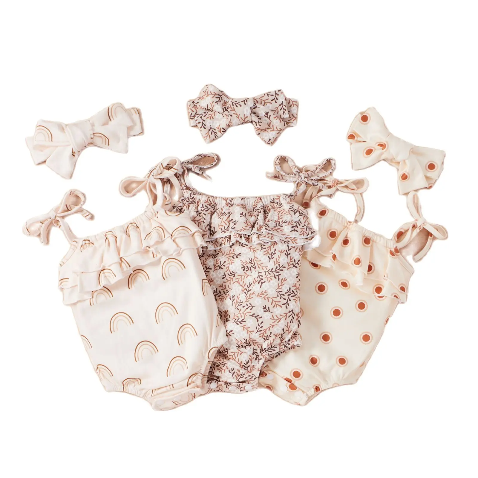 

Baby Girl\u2019s Lace-Up Suspender Romper Sweet Printing Ruffles Stitching Jumpsuits Headband