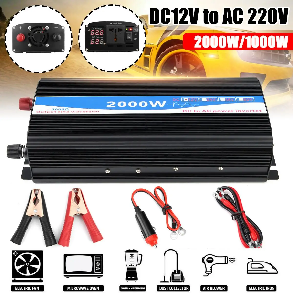 

Car Inverter 12V 220V 2000W Voltage transformer Pure Sine Wave Power Inverter DC12V to AC 220V Converter+2 LED Display