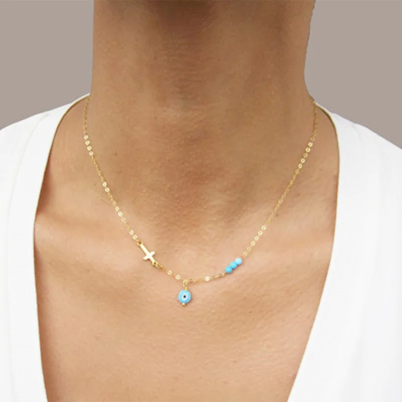 Богемное женское ожерелье Малый крест синий глаз жемчужный жемчуг винтажное