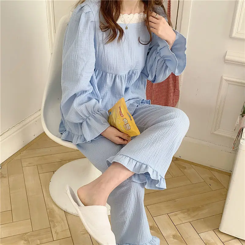 QWEEK Korean Sleepwear Women Lace Pijama Autumn Pajamas for Girls Female Set Woman 2 Pieces Pyjamas Long Sleeve Nightwear Suit