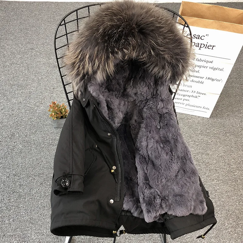 black coat gray fur Детская одежда зимняя парка с натуральным мехом енота, большой пуховик с капюшоном из меха кролика рекса для девочек, зимняя куртка - Цвет: black coat gray fur