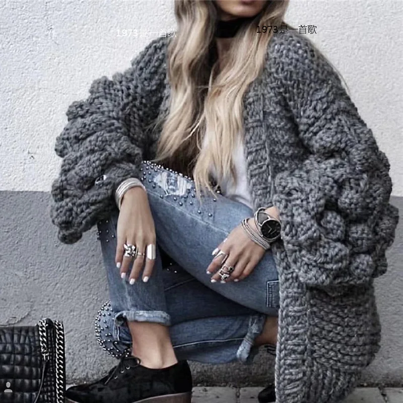 

Winter Autumn Warm Lantern Sleeves Sweater Knitted Cardigan Sweater Coat Women Large Knitted Sweater Cardigan Jumper Coat 2019