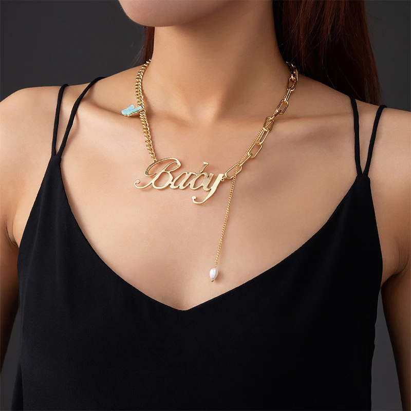 

Fashion Women's Neck Chain Personalized Design Baby Letter Pendant. Natural Pearl Necklace, Holiday Gift, Exquisite Jewelry