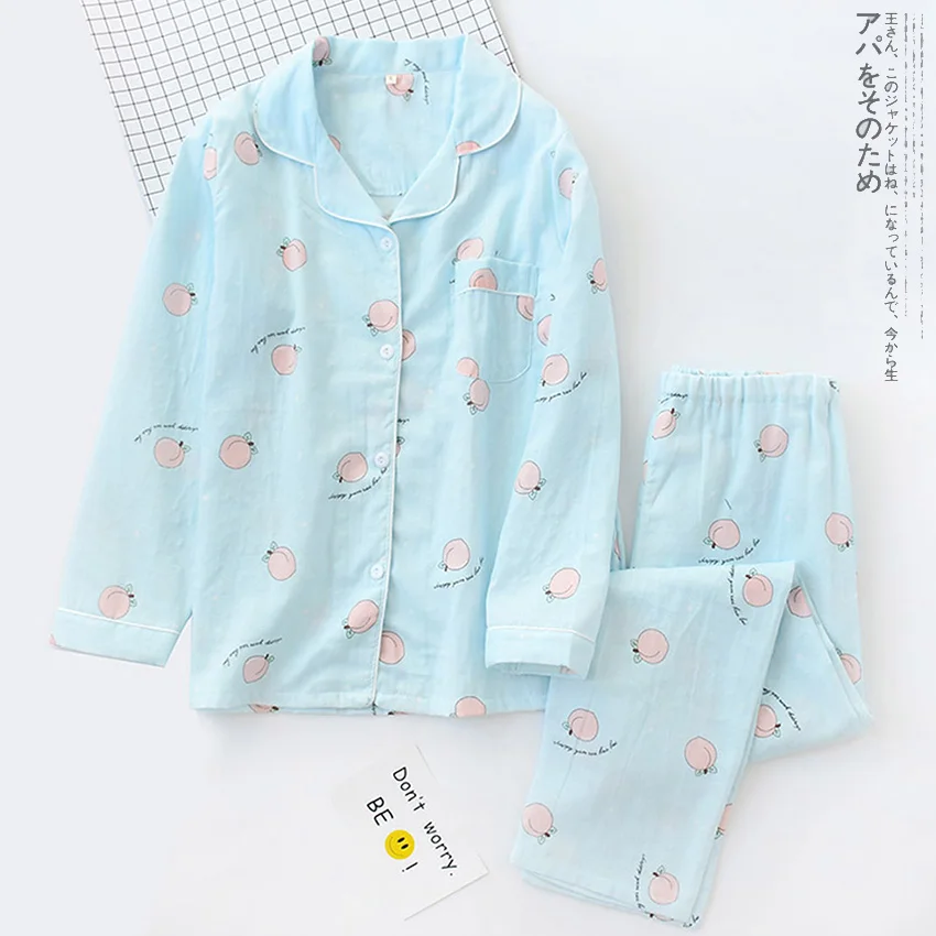 Pajamas-Blue1 DANALA Janpanese, осенне-зимние пижамные комплекты для женщин, одежда для сна, чистый хлопок, теплые пижамы с фруктовым принтом, одежда для сна с длинным рукавом - Цвет: Pajamas-Blue1