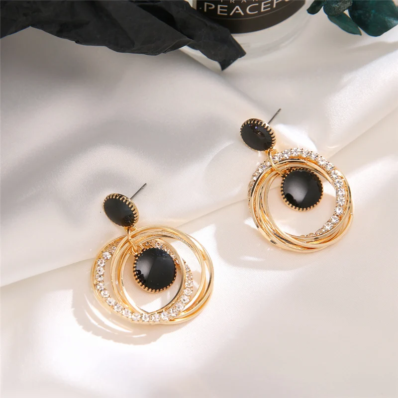 Модные Золотые круглые серьги с кристаллами для женщин Простые Черные