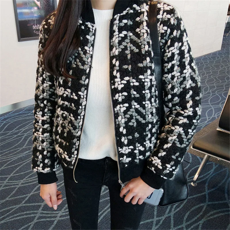 

2021 New Chic Knitted Collarless Jacket Retro Short Tweed Baseball Uniform Commuter Fashion Colorblock Casual Sweet Korea Coat