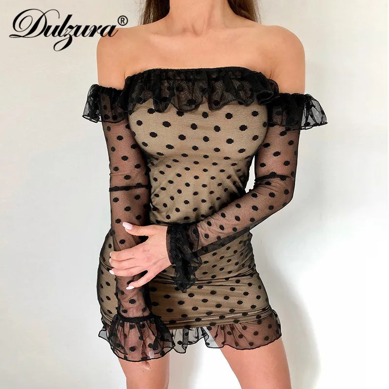 Dulzura в горошек женское мини платье сетка bodycon сексуальное вне плечо Элегантный