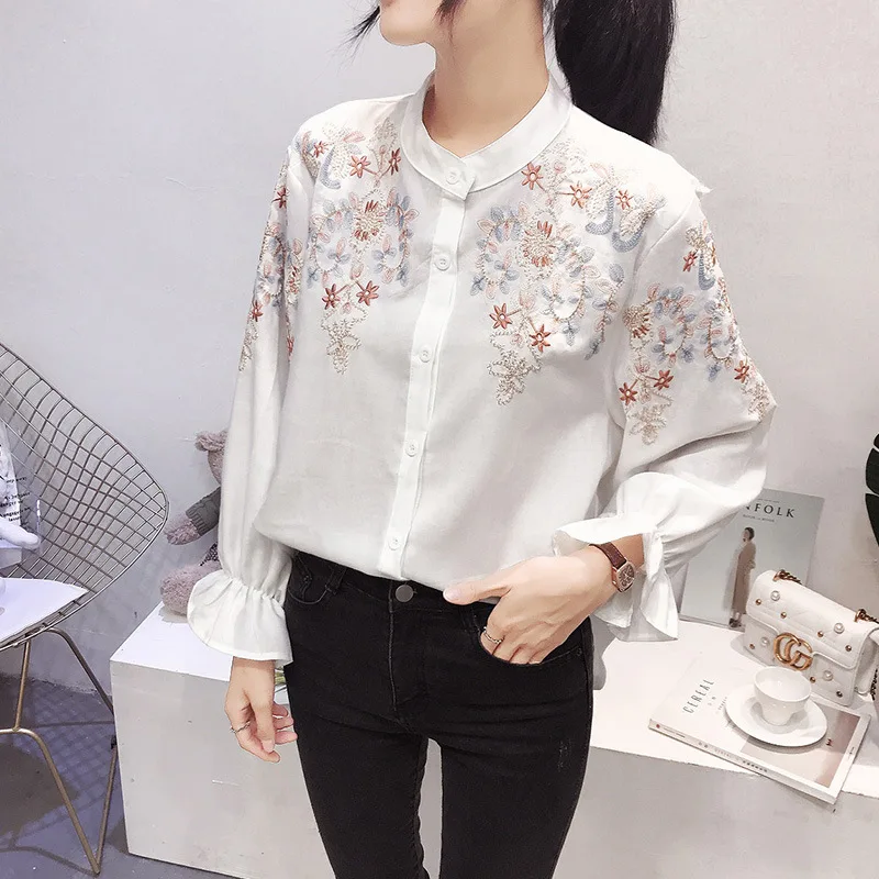 Блузка женская демисезонная с цветочной вышивкой 2020|Рубашки| |