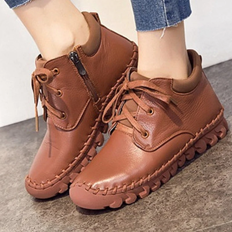 

YAERNIFull Grain Leather Ankle Boots Antumn Winter Woman Vintage Soft Outsole Shoes Genuine Leather Boots For Women E396
