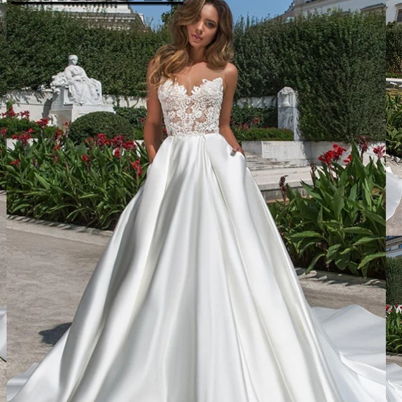 

Wedding Dresses A Line Satin 2021 Elegant Lace Appliqued Sheer Neck Boho Bridal Gowns With Pocket Sweep Train Vestidos De Novia