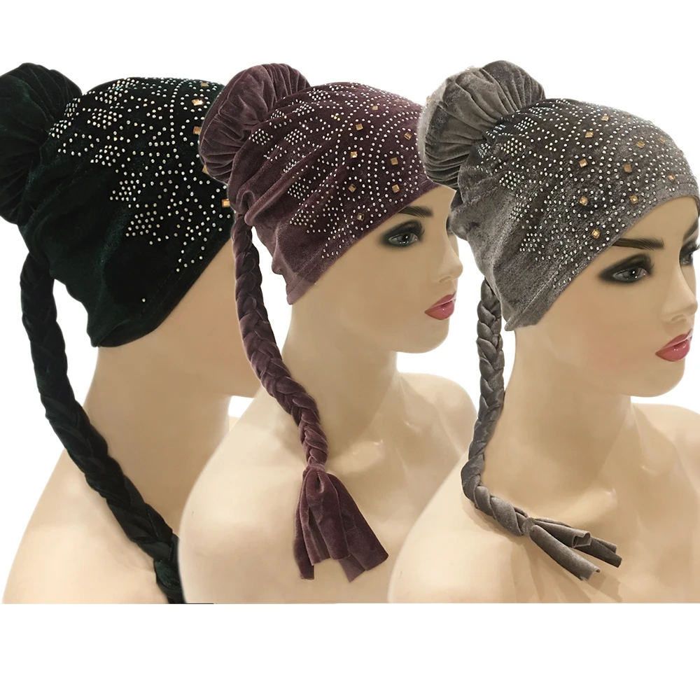 

3PCS Women Muslim Hijabs Turban Long Braid Knot Rhinestone Velvet Bonnet Islamic Beanies Skullies Chemo Cancer Hat Headwrap Cap