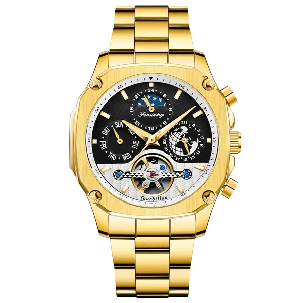FORINING мужские часы автоматические механические часы Moon phase Tourbillon часы для мужчин s Скелет Мужские часы Relogio Masculino подарки - Цвет: Gold