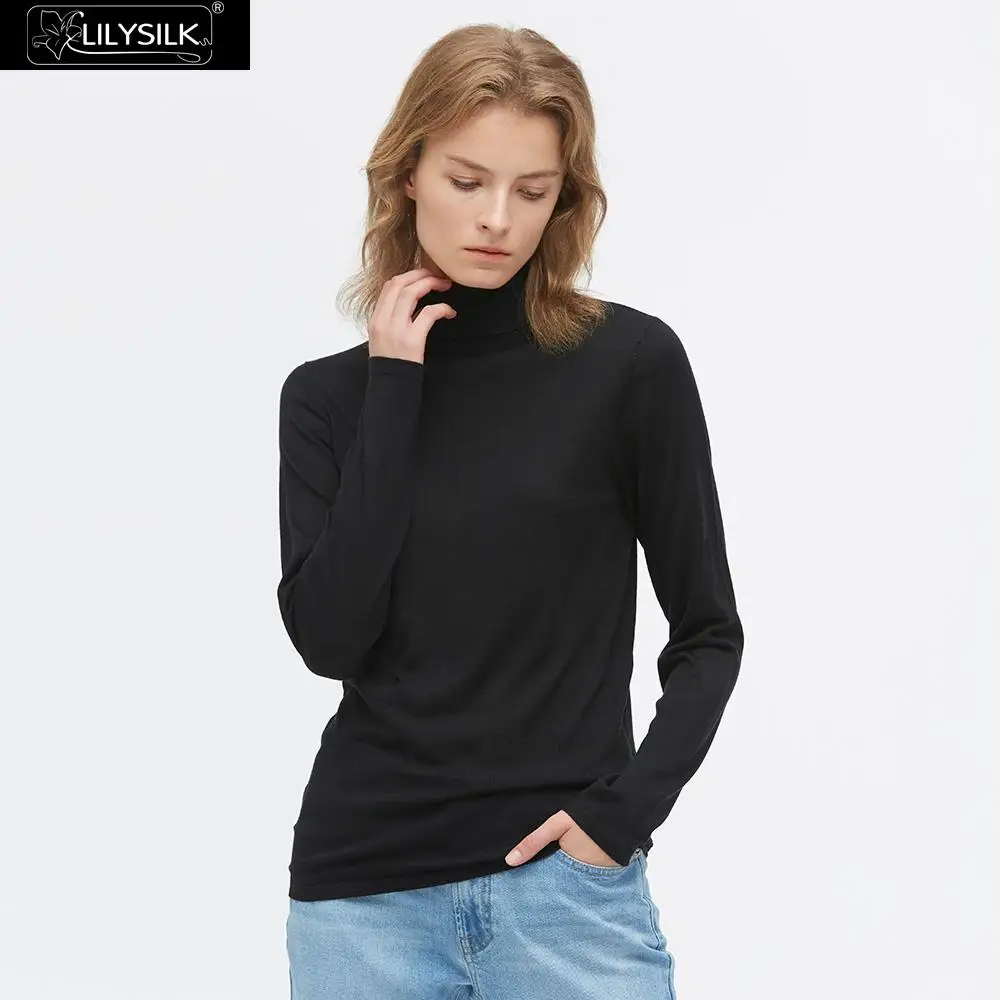 Black LilySilk Шелковый вязаный Топ Элегантный черепаха шеи женщин - Цвет: Black
