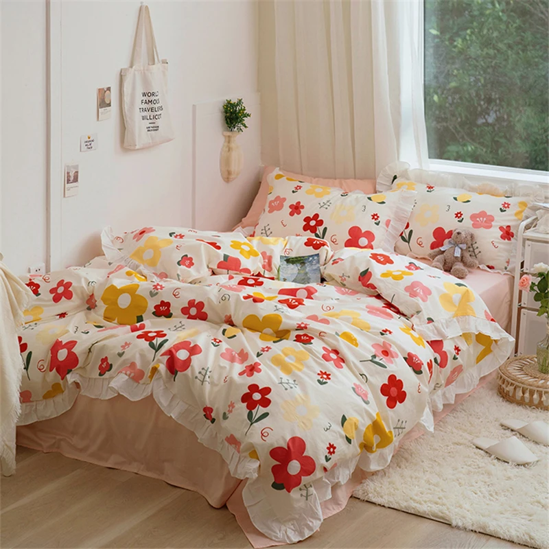 100% хлопок Розовый пододеяльник с принтом в виде сердца листьев лотоса |