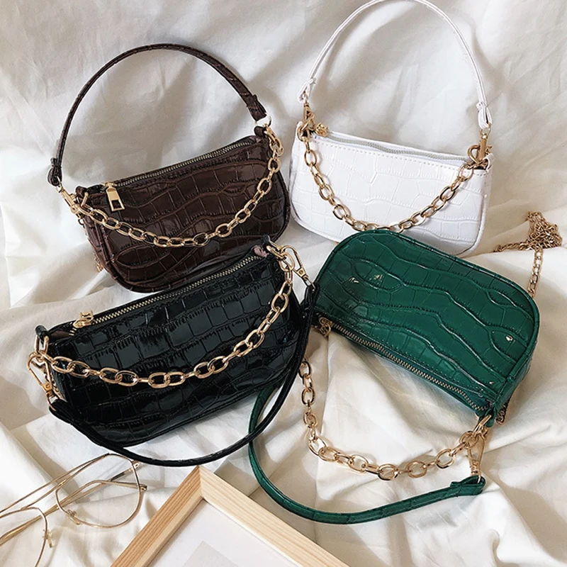 

Сумка на плечо женская с узором под кожу крокодила, модный мессенджер из искусственной кожи на цепочке, роскошный квадратный миниатюрный са...